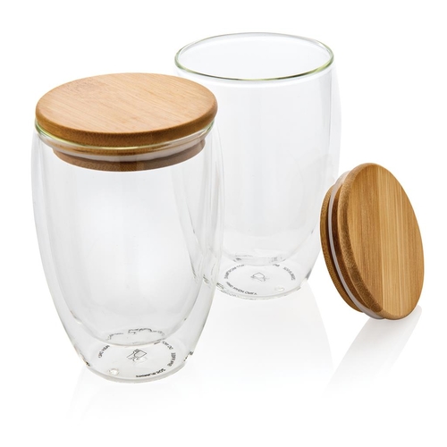 XD Collection Duplafalú boroszilikát üvegpohár szett bambusz fedővel 350ml, átlátszó