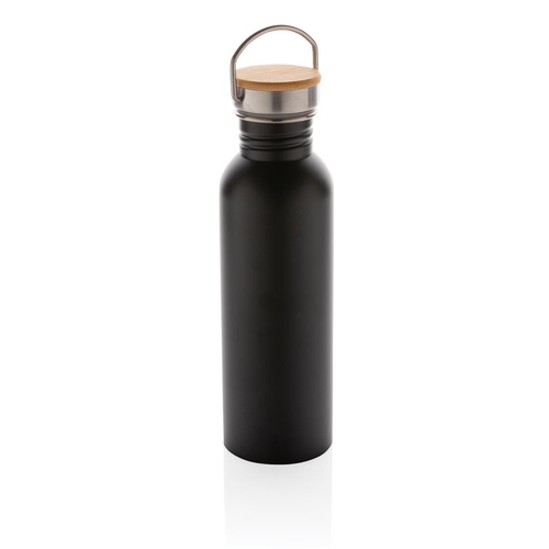 XD Collection Modern rozsdamentes acél palack bambusz fedéllel, fekete
